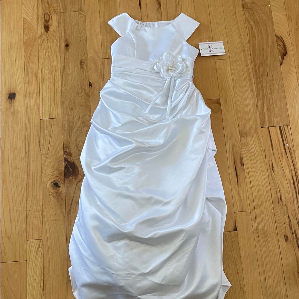 Girls' Elegant White Satin Flower-Waist Formal Dress, circa 2014